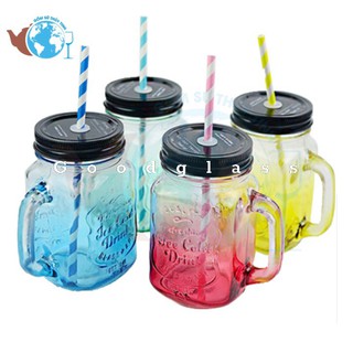 Combo 4 Ly quai thủy tinh vuông màu cute chữ nổi 450ml