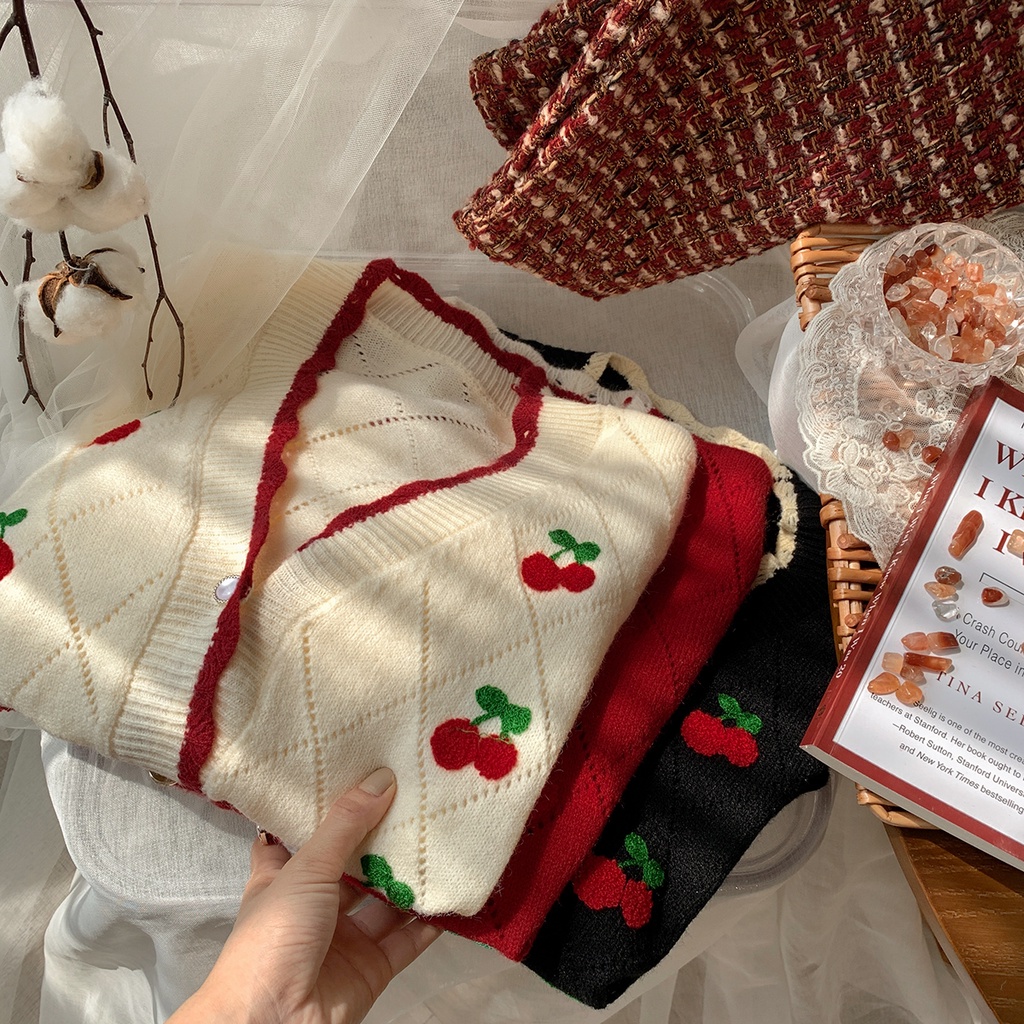 Áo cardigan dệt kim tay dài thêu hình quả cherry kiểu cổ điển