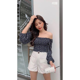 Áo crop top hoa chỉ nhún