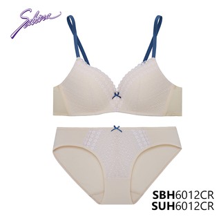 Combo Áo Lót Không Gọng Mút Dày Vừa Và Quần Đồng Bộ Trắng Phối Vàng Kem Soft Doomm By Sabina SBH6012CR+SUH6012CR