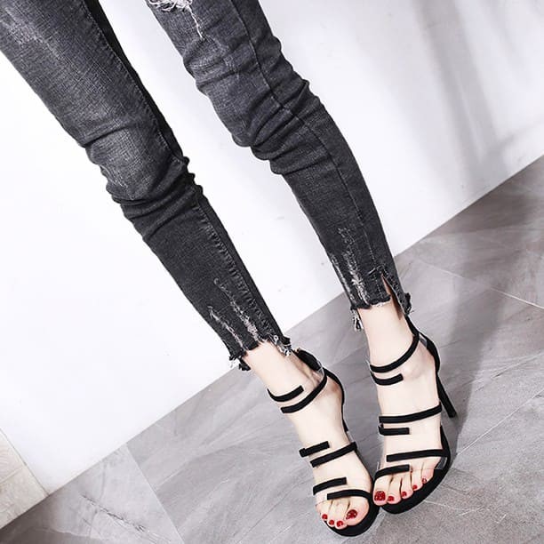 SANDAL NỮ 9CM HỞ MŨI QUAI NGANG CÁCH ĐIỆU SANG CHẢNH CHẤT DA SI ÉP NHUNG MỀM CAO CẤP - GIÀY CAO GÓT MÀU ĐEN BAO ĐẸP