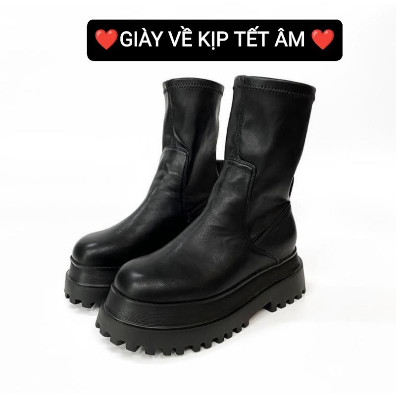 Bốt đùi nữ bốt martin khoá kéo sườn giày da chiến binh độn đế cao 6 phân
