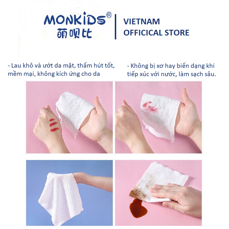 Khăn Mặt Mịn Monkids, khăn lau mặt dùng 1 lần 280g, bông tẩy trang làm sạch da, đánh bay son kem lì lâu trôi. Monkids