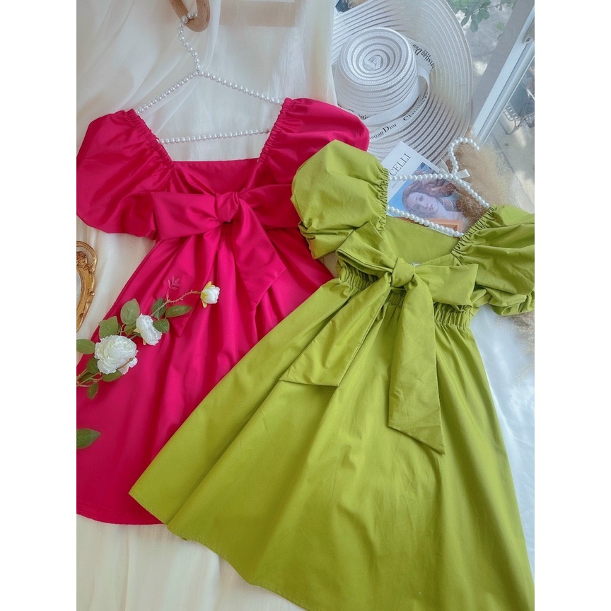 013 - Váy Badydoll, Ulzzang tiểu thư xòe, váy tầng phồng, cột nơ sau lưng, tay phồng
