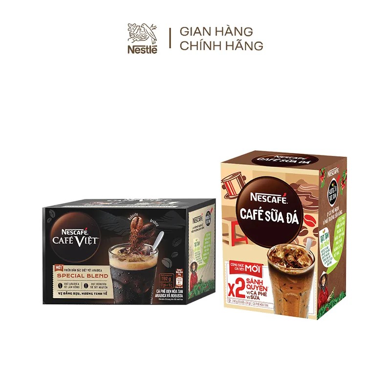 Combo Nescafé: 1 hộp cà phê sữa đá (10 gói x 24g) + 1 hộp Café Việt đen hòa tan Arabica & Robusta (12 gói x 16g)