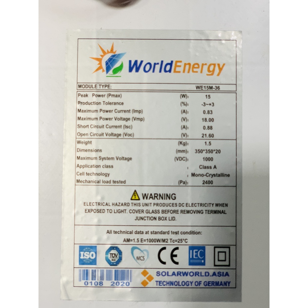Pin năng lượng mặt trời mono 15w/18v WorldEnergy - hàng chính hãng, bảo hành 12 năm