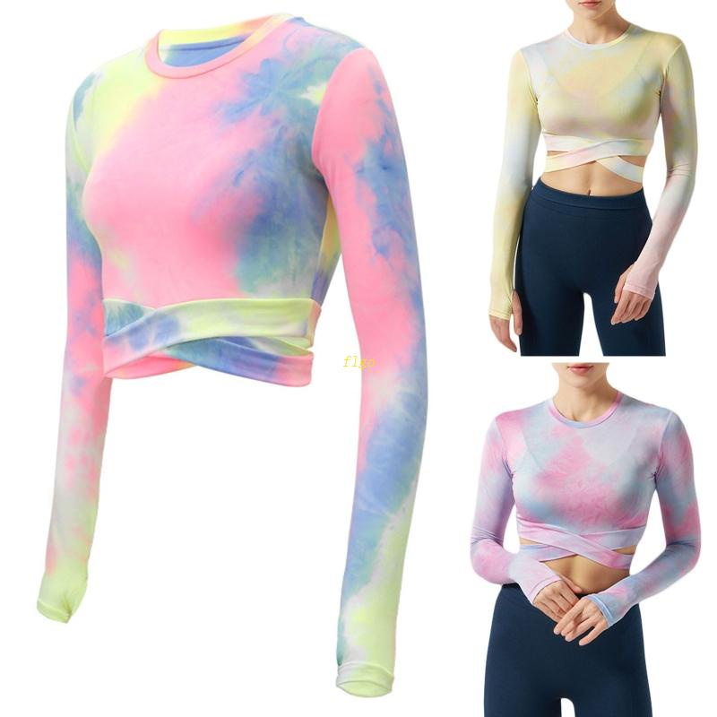Flgo Áo Crop Top Ôm Dáng Tay Dài Dây Chéo Nhiều Màu Tập Yoga Chạy Bộ Cho Nữ