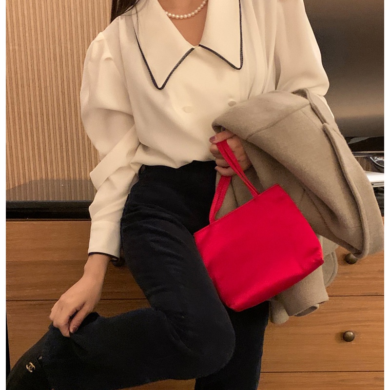 SUXI Áo sơ mi nữ tay dài phồng cổ chữ V phong cách vintage Hàn Quốc thanh lịch