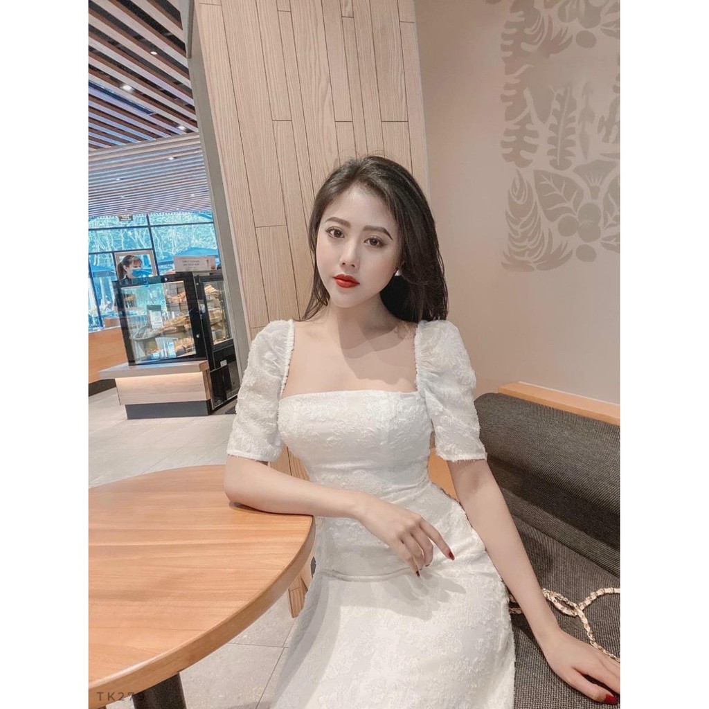Đầm dự tiệc trắng vintage cổ vuông tay phồng Hàng Thiết Kế | BigBuy360 - bigbuy360.vn