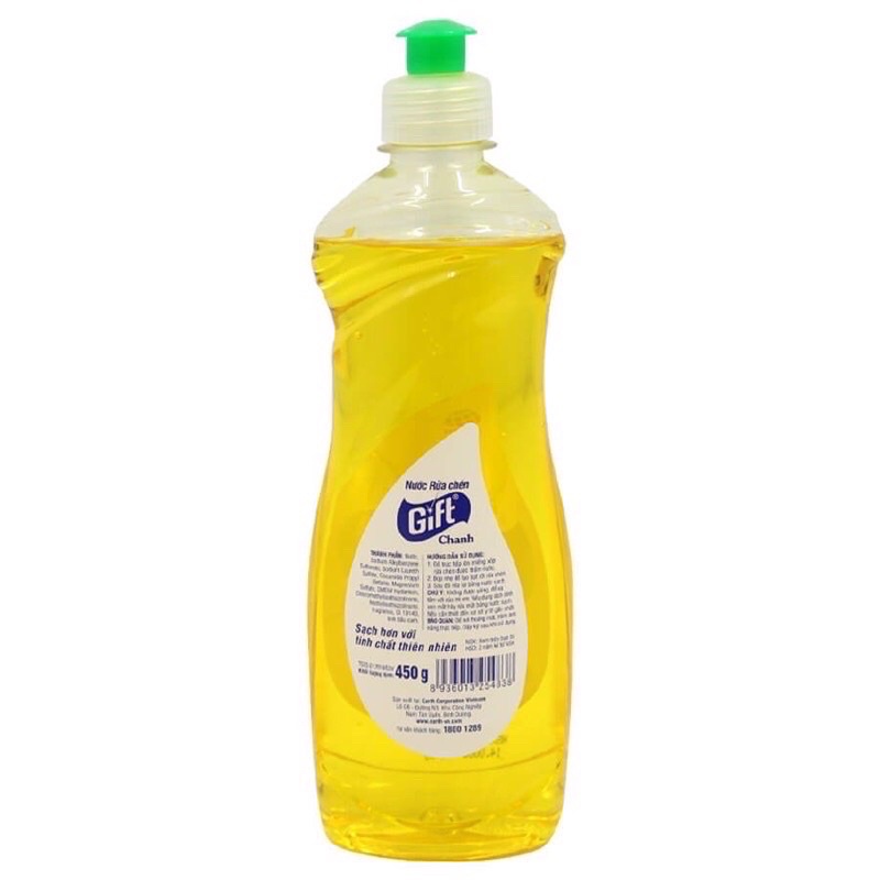 Nước Rửa Chén Gift 450gr hương Chanh thiên nhiên rửa chén/bát siêu sạch nhiều bọt không hại da tay