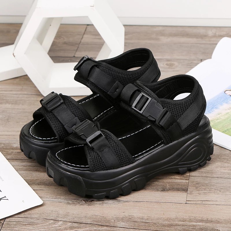 Sandal Đế Cao Quai Ngang Khuy Bấm Dây Phối Nhiều Màu (hết trắng)