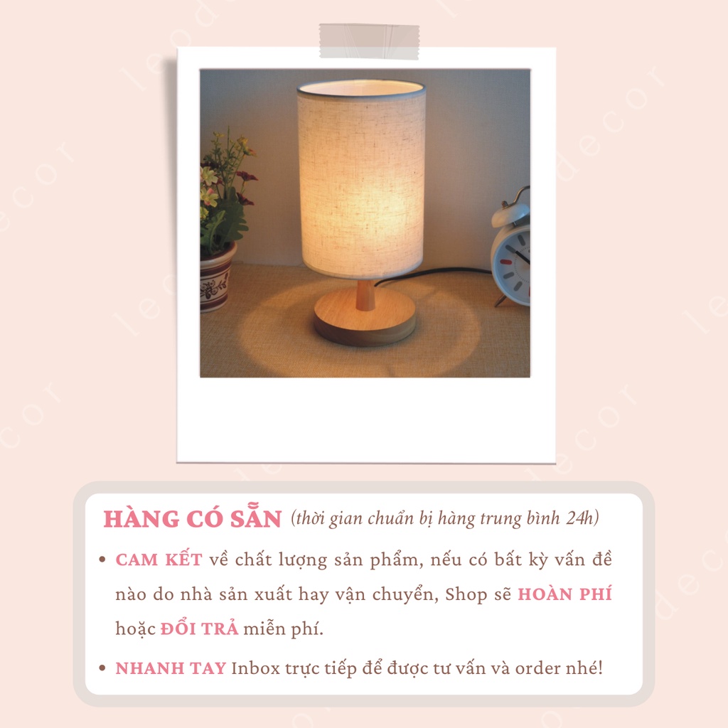 Đèn ngủ đế gỗ hình trụ chao vải lanh, đèn ngủ để bàn trang trí phòng ngủ có hẹn giờ - LEODEN Decor