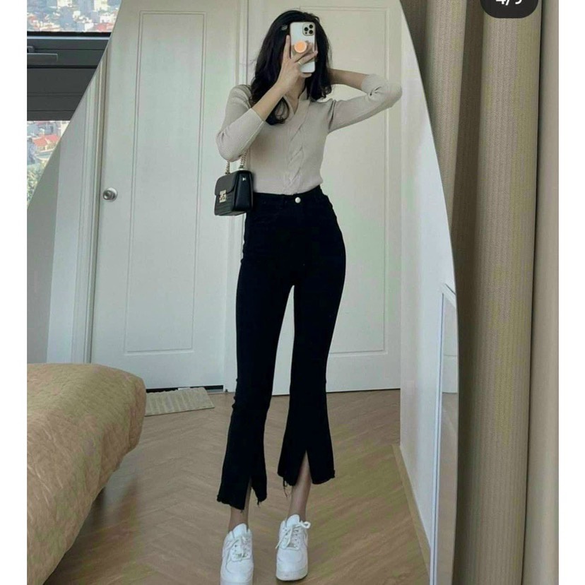 Quần bò nữ xẻ gấu,quần jean uống loe xẻ dáng ôm chất co dãn - kameco