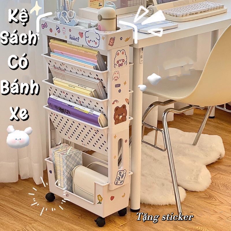 Kệ sách 5 tầng có bánh xe