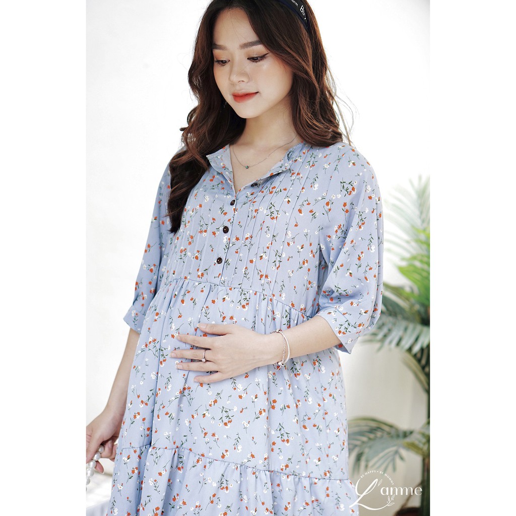 Váy bầu đẹp Gina Dress chất lụa Hàn mềm mát có khuy cài thuận tiện cho mẹ bầu và sau sinh by LAMME