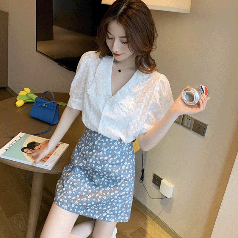 SUXI Áo kiểu nữ tay ngắn phối ren xinh xắn phong cách retro