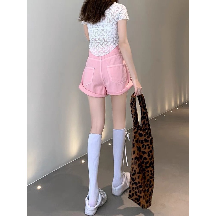 Jiashucheng Quần Short Denim Dáng Chữ a Lưng Cao Ống Rộng Thời Trang Mùa Hè Cho Nữ