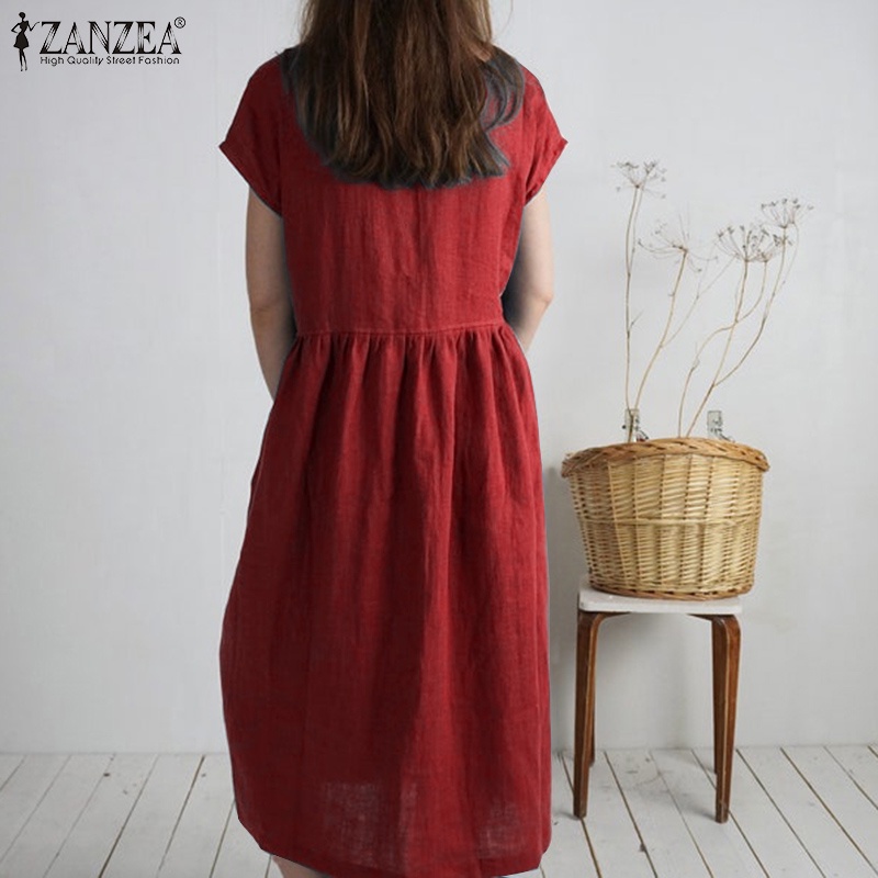 Đầm Dài Tay Ngắn Màu Trơn Có Túi Thời Trang Cho Nữ ZANZEA