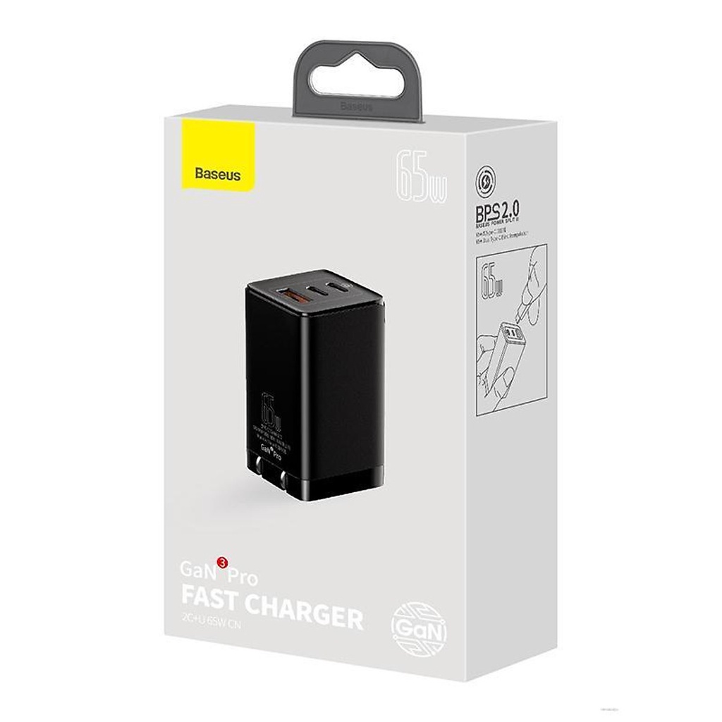 Bộ cốc sạc 3 cổng và cáp TypeC to TypeC Baseus GaN3 Pro 65W hỗ trợ PD3.0/ PPS/ QC4.0/ SCP/ FCP - Hãng phân phối