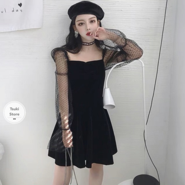 [Mã WASTMINI giảm 10% tối đa 30K đơn 150K] Đầm nhung đen tiểu thư tay ren sang chảnh ulzzang HQ 🖤 | BigBuy360 - bigbuy360.vn