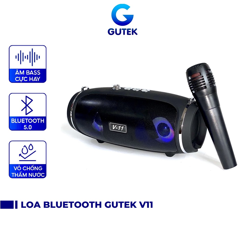 Loa bluetooth không dây kèm mic karaoke Gutek V11 âm bass hay hỗ trợ nghe nhạc usb thẻ nhớ cổng 3.5