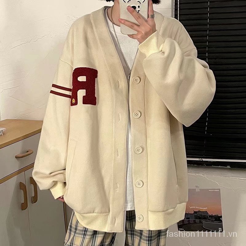 Áo khoác cardigan vải nỉ in chữ cái dáng rộng unisex phong cách ulzzang