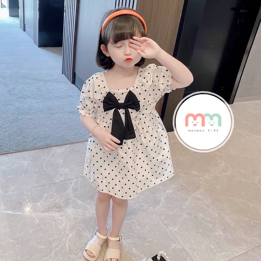 Đầm bé gái dễ thương, đầm babydoll bé gái thiết kế tay phồng nơ cổ chất lụa cao cấp mềm mịn mát cho bé 11kg đến 28kg