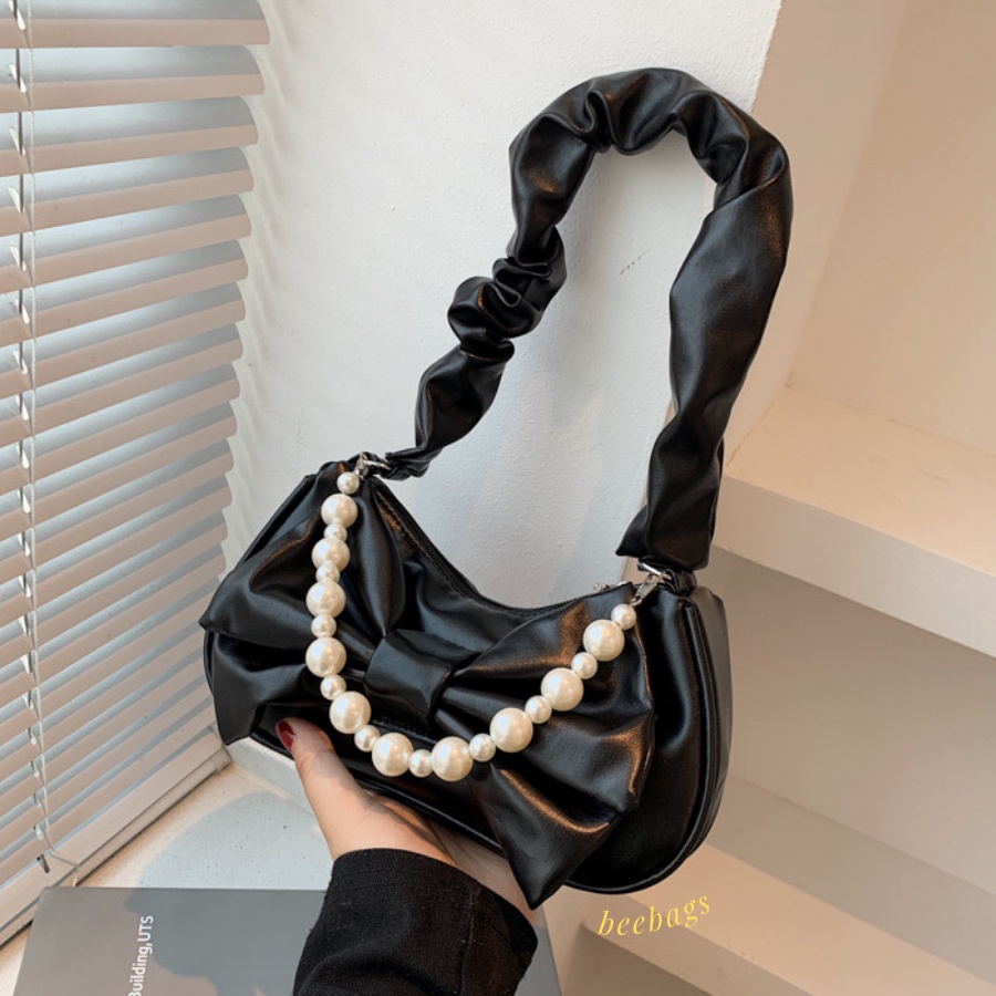 Túi Da Nữ Phối Nơ Tiểu Thư Xinh Xắn Phối Ngọc Đeo Vai Màu Trắng, Đen | TX12 | Túi Đeo Vai Nữ Đi Chơi Đi Tiệc Dễ Phối Đồ