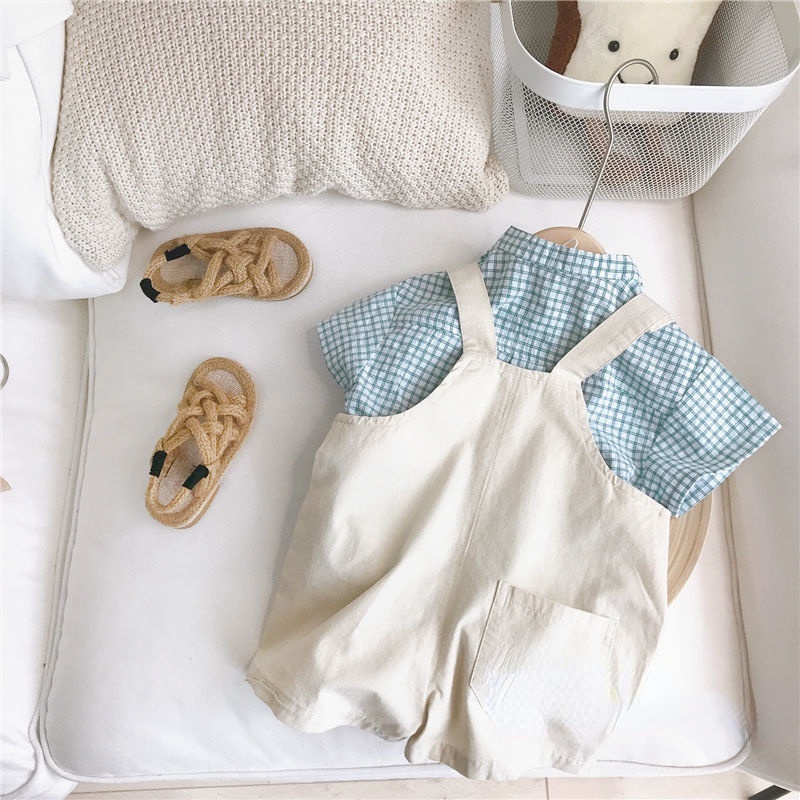 Set Áo Sơ Mi Kẻ Sọc Caro + Quần Yếm Phong Cách Hàn Quốc Cho Bé Trai