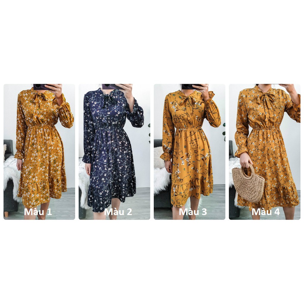 Đầm maxi đuôi xếp ly dài tay họa tiết hoa nhí
