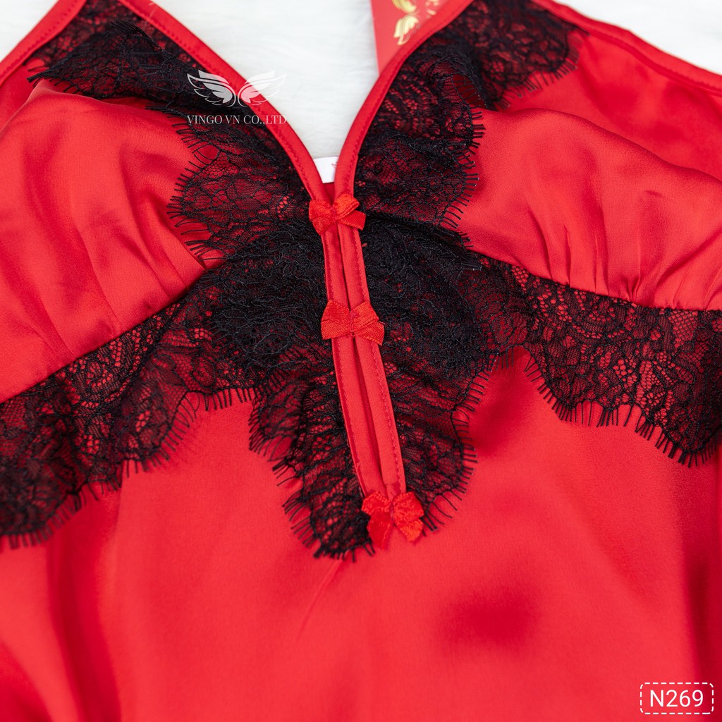 VINGO Váy Đầm Ngủ Nữ Lụa Pháp Cao Cấp 2 Dây Màu Đỏ Phối Ren Đen Sexy N269DT VNGO | BigBuy360 - bigbuy360.vn