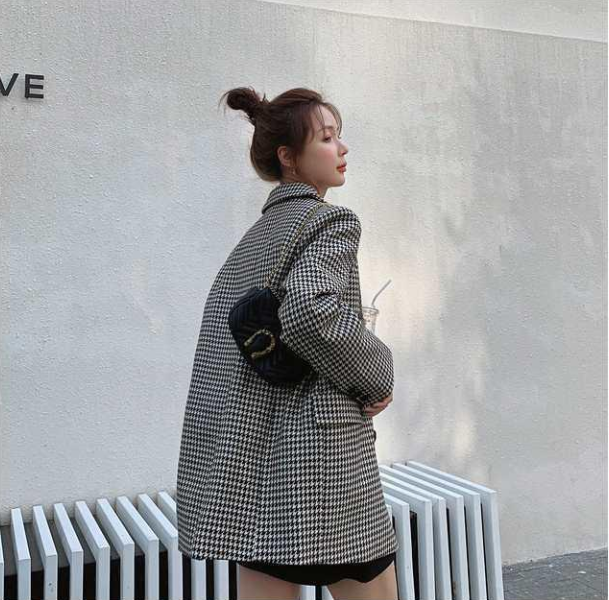 Áo Blazer Retro Plaid Korean Chic Print Double-breasted Blazer Women