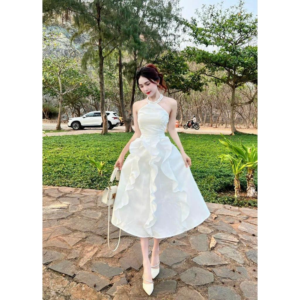 [6.6 Sales Freeship] Váy đầm nữ thiết kế đi tiệc, đầm trắng cổ yếm dáng dài tua rua phong cách sang chảnh dx