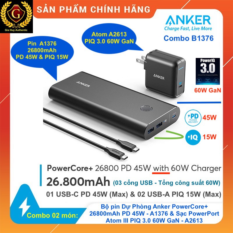 Combo sạc Macbook Pro ANKER B1376: Pin dự phòng PowerCore+ 26800mAh PD 45W A1376 & Sạc PowerPort ATOM III 60W GaN A2613