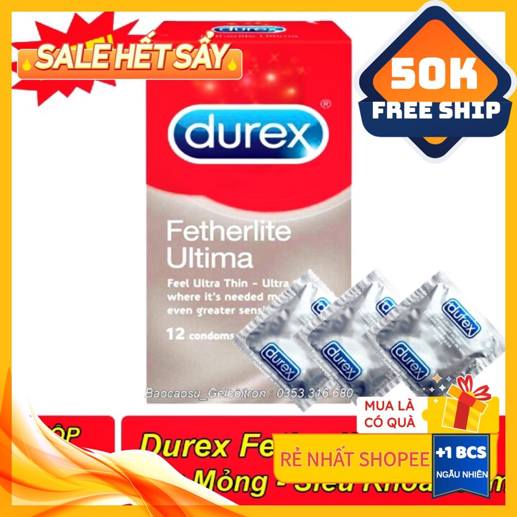 Bao cao suFreeshipDurex Fetherlite (12 bao/hộp) đường kính 52.5mm Ôm Khít Vừa Vặn - Giao Hàng Nhanh