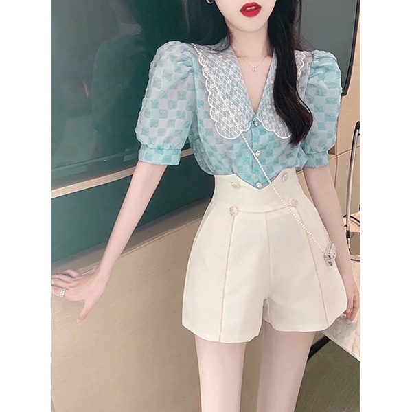 SET ÁO Ô NHÍ XANH CỔ REN + QUẦN SHORT TRẮNG