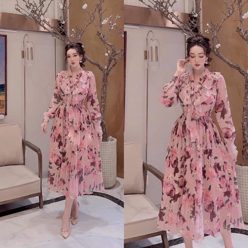 [Mã FATHANG5 giảm 10K đơn 50K] V047 Váy Dự Tiệc Dáng Dài pha Cổ Nơ , Đầm Hoạ Tiết Dài Tay , Chân Váy Dập Ly Cao Cấp | BigBuy360 - bigbuy360.vn