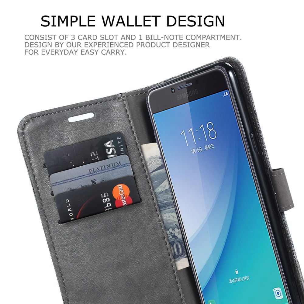 Bao da bề mặt vải denim có ngăn đựng thẻ cho Samsung C5 C7 C9 Pro
