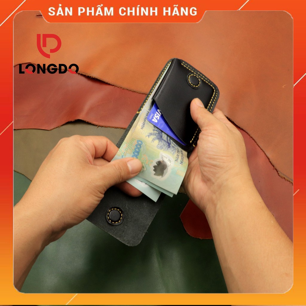 Ví Sen 3 Cao Cấp - Cam Kết 100% Da Bò Thật - Bóp Ví Nam Mini Màu Đen Hàng Chính Hãng Thương Hiệu Longdo Leather