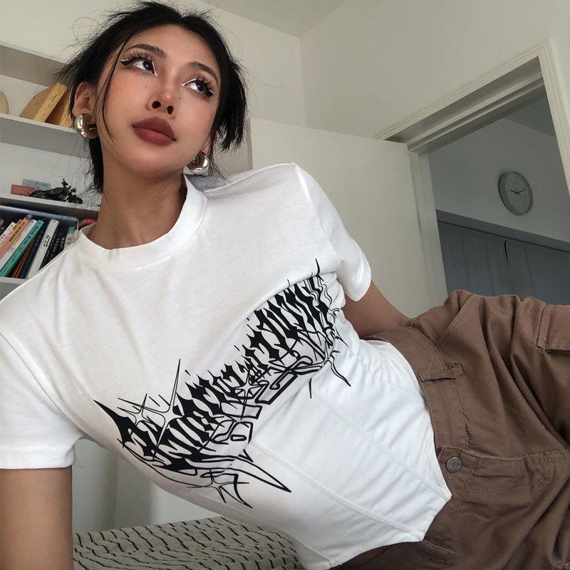 Áo Thun Tay Ngắn Dáng Ôm In Họa Tiết Xương Cá Thời Trang Cá Tính Cho Nữ Y2K