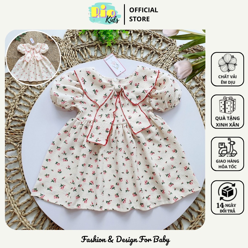 Váy đầm babydoll trắng cherry thiết kế cao cấp cho bé gái từ 5-28kg - Riokids BG3