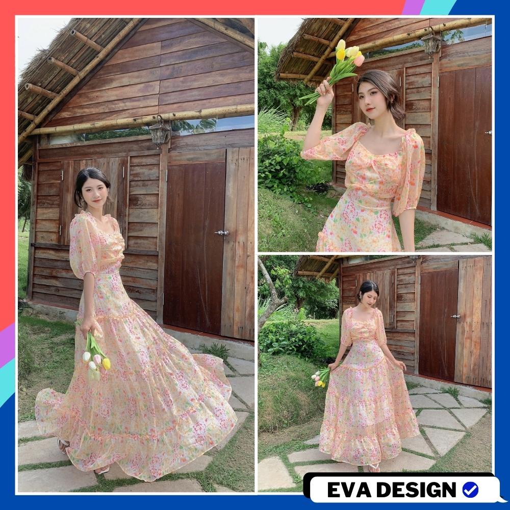 Đầm maxi dài vai bèo cổ trễ váy nữ vải tơ hoạ tiết hoa in thiết kế mặc đi chơi du lịch biển nghỉ mát resort dự tiệc