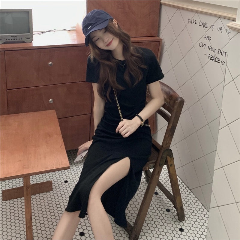 Đầm nữ IELGY tay ngắn dáng ôm màu trơn xẻ tà thời trang Hàn Quốc