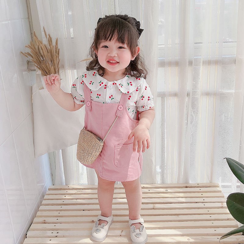 Set yếm bé gái hồng mix sơ mi cherry