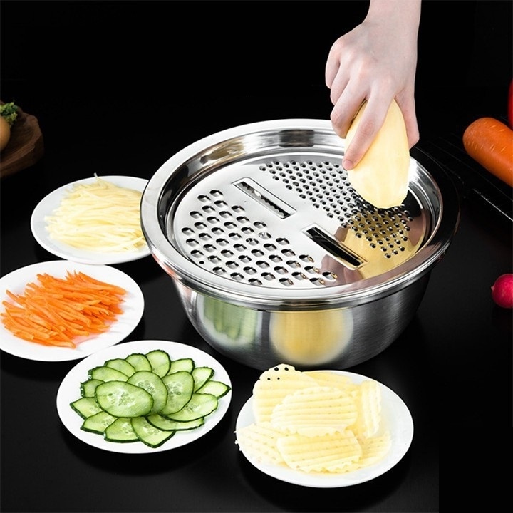 [Rổ cạo củ quả Inox 3 món] Bộ rổ Inox kèm nạo rau củ 3 món siêu tiện ích