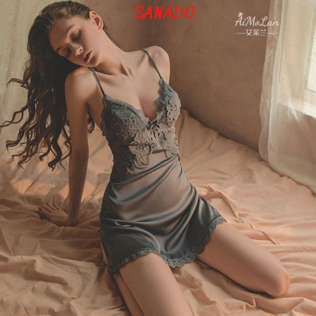 (V09) váy ngủ lụa phối ren cao cấp đồ ngủ sexy nữ gợi cảm quyến rũ - Sanado