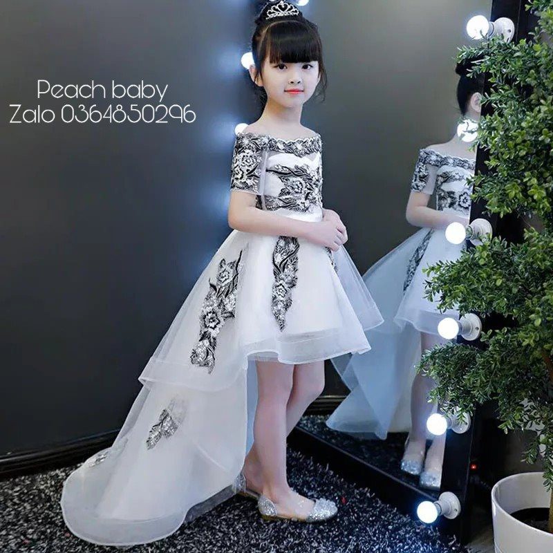 Đầm công chúa trắng đuôi ren đen cao cấp cho bé gái 9kg-40kg 3LAU