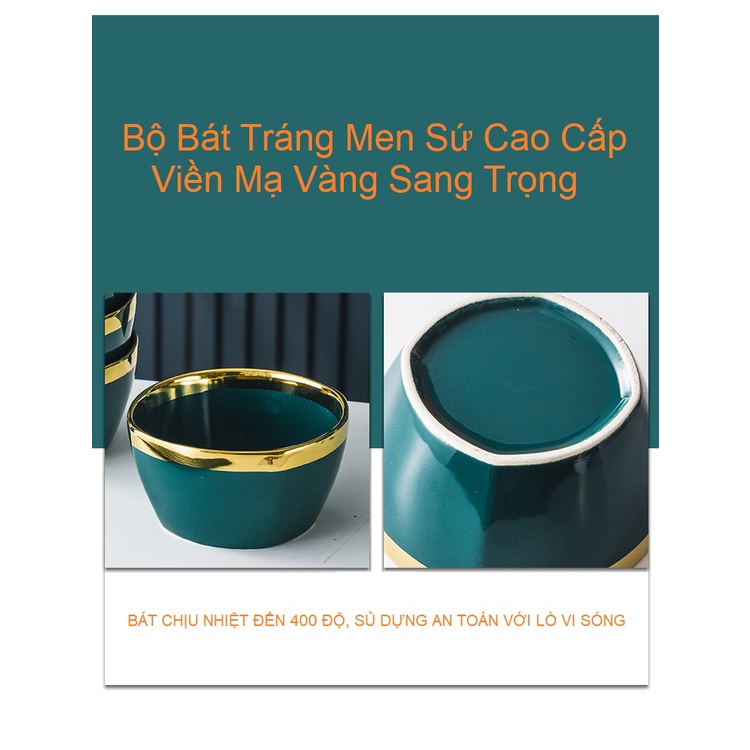 Bộ bát men sứ xanh cao cấp tặng kèm bộ đũa ăn khảm vàng