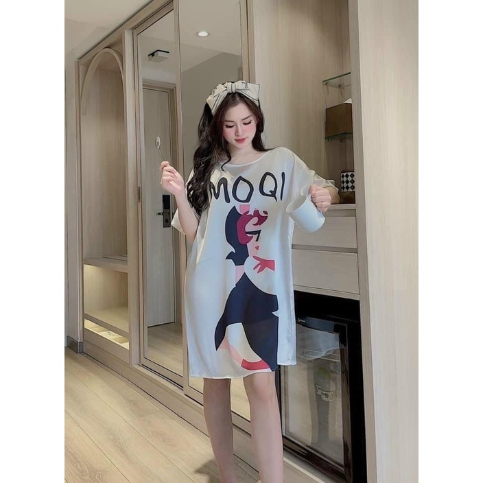 Váy Ngủ Lụa In Hình Cute Dáng Suông Chất Satin Siêu Xinh