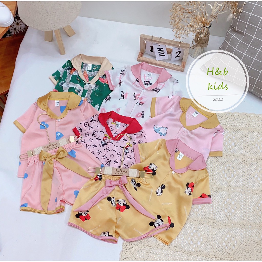 Bộ pijama cho bé MỀM MẠIBộ Ngủ Pijama Lụa Phối Nơ Cao Cấp Cho Bé Gái , Size từ 8kg đến 20kg